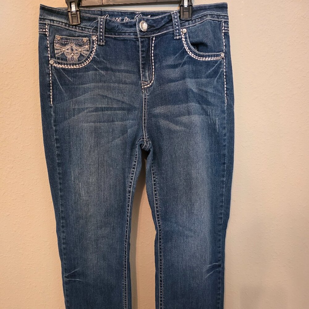 Grace in LA Junior's Distressed, Heavy Stitch, Bootcut Denim Jeans, Size 17.